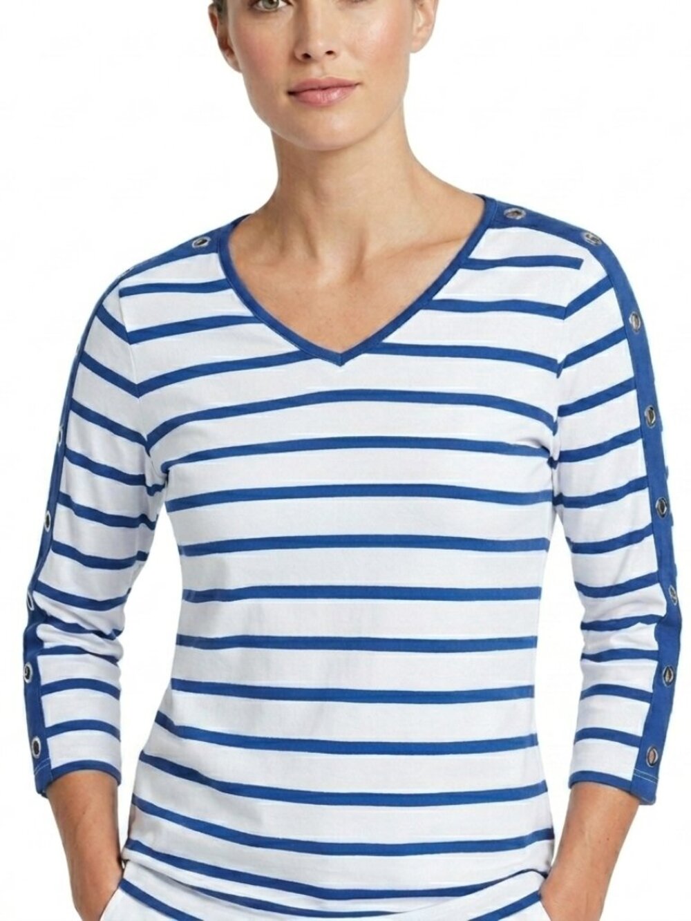 White + blue stripe top w/ sleeve detail